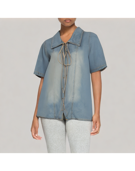 Cross Strap Denim Short Sleeved Shirt