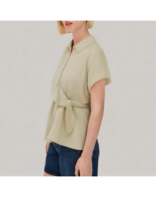 Spliced And Tied Irregular Short Sleeved Shirt 