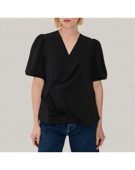 Puff Sleeve V Neck Short Sleeved Shirt 
