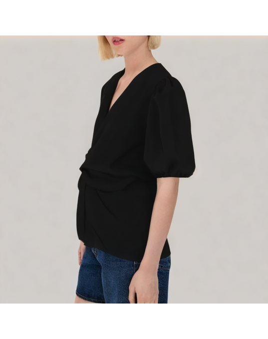 Puff Sleeve V Neck Short Sleeved Shirt 
