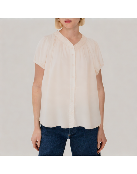 Summer V Neck Pleated Puff Sleeve Shirt 
