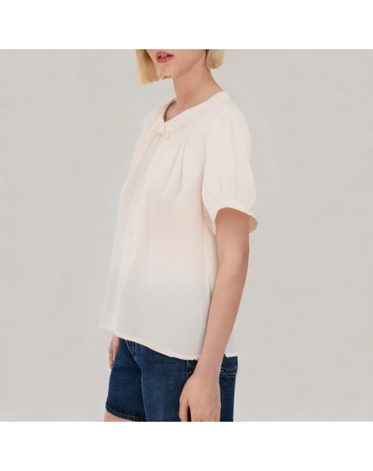 Summer V Neck Pleated Puff Sleeve Shirt 