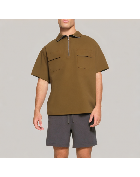 Half Zip Three Dimensional Pocket Short Sleeved Polo Shirt 
