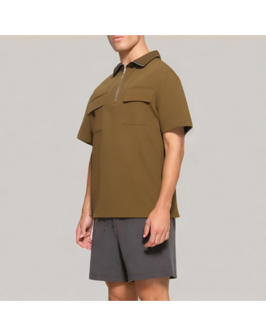 Half Zip Three Dimensional Pocket Short Sleeved Polo Shirt 