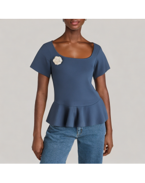 U Neck Ruffled Hem Short-Sleeved Shirt 