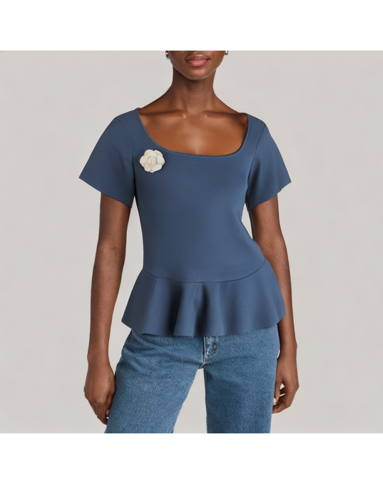 U Neck Ruffled Hem Short-Sleeved Shirt 