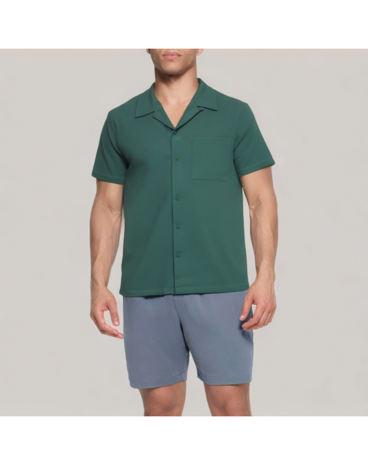 Green Textured Men's Short sleeved Shirt 