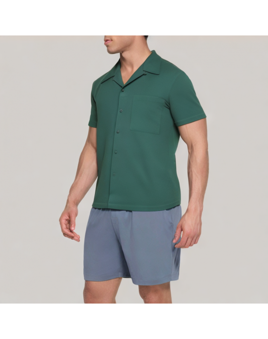 Green Textured Men's Short sleeved Shirt 