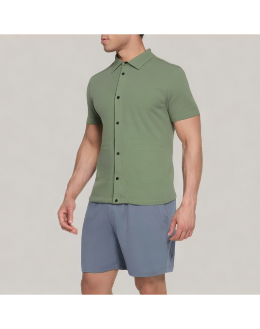 Green Commuter Lapel Short Sleeve Shirt 