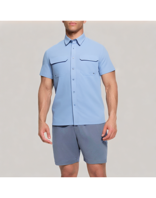 Blue Commuter Lapel Short Sleeve Shirt